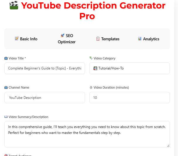 YouTube Description Generator tool Layout